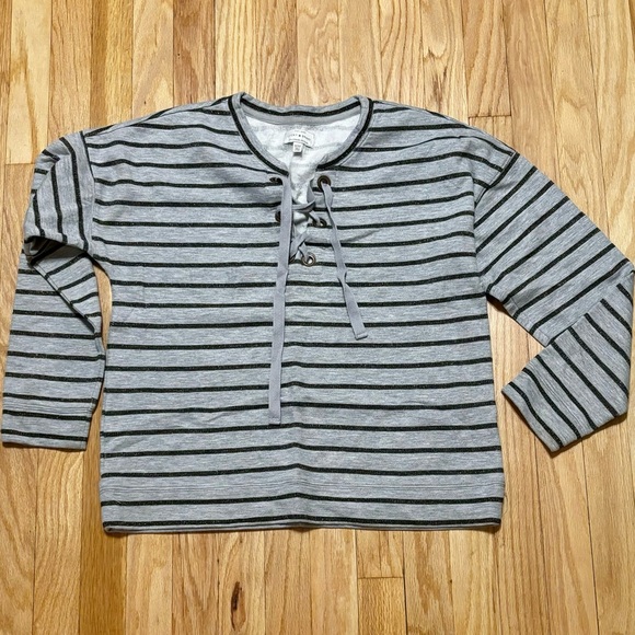LUCKY BRAND Gray Lace-Up, Striped Sweatshirt - Picture 1 of 6